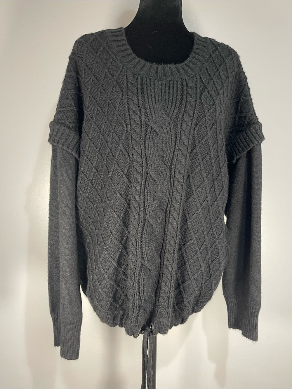 DKNY Black Cable Knit Crewneck Sweater with Drawstring Hem Sz. 1x